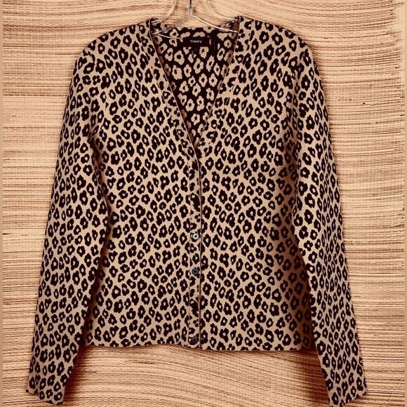 Theory Leopard Animal Print Glossed V-Neck Button Down Cardigan Tan/Black Size L - Picture 5 of 13